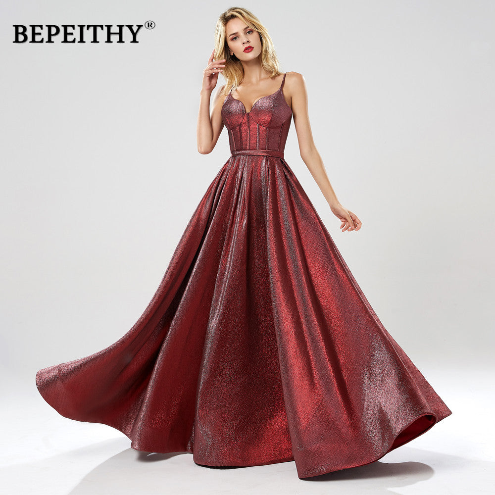BEPEITHY 2019 A Line Sparkle Evening Dresses Long Party Elegant Sweep Train Glitter Party Prom Dress Robe De Soiree