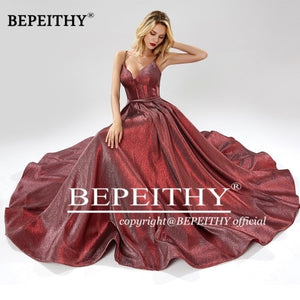 BEPEITHY 2019 A Line Sparkle Evening Dresses Long Party Elegant Sweep Train Glitter Party Prom Dress Robe De Soiree