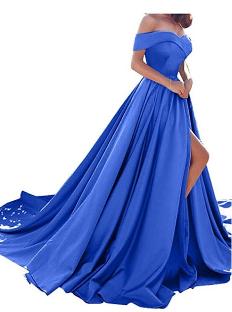 Hot Sale 2019 Pink Evening Dresses Sexy V Neck Off the Shoulder Satin A Line Elegant Long Prom Party Gown Vestido de Festa Curto