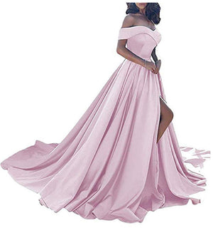 Hot Sale 2019 Pink Evening Dresses Sexy V Neck Off the Shoulder Satin A Line Elegant Long Prom Party Gown Vestido de Festa Curto