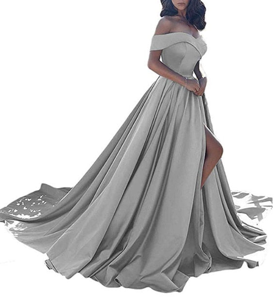 Hot Sale 2019 Pink Evening Dresses Sexy V Neck Off the Shoulder Satin A Line Elegant Long Prom Party Gown Vestido de Festa Curto