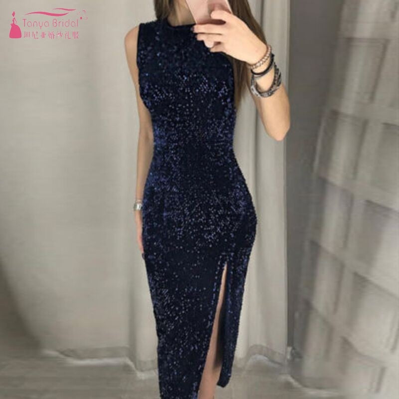 Knee Length Sleeveless Straight Cocktail Dresses Blue Burgundy Black Sequined Party Gown Sexy Side Slit Graduation Dress DQG733