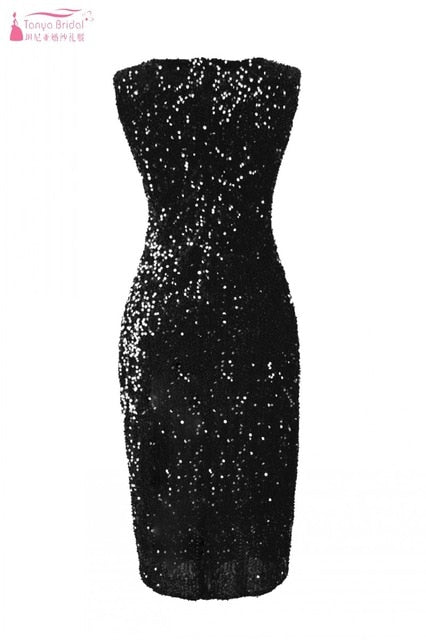 Knee Length Sleeveless Straight Cocktail Dresses Blue Burgundy Black Sequined Party Gown Sexy Side Slit Graduation Dress DQG733