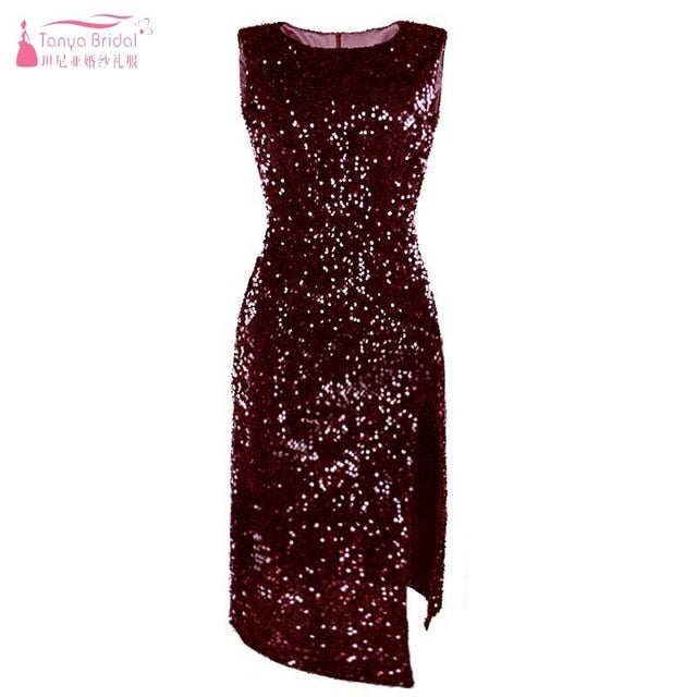 Knee Length Sleeveless Straight Cocktail Dresses Blue Burgundy Black Sequined Party Gown Sexy Side Slit Graduation Dress DQG733