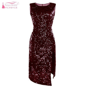 Knee Length Sleeveless Straight Cocktail Dresses Blue Burgundy Black Sequined Party Gown Sexy Side Slit Graduation Dress DQG733