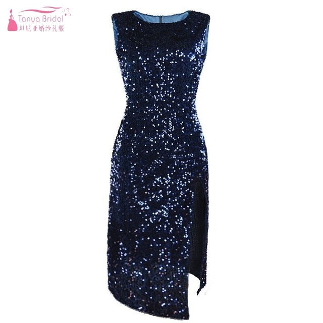 Knee Length Sleeveless Straight Cocktail Dresses Blue Burgundy Black Sequined Party Gown Sexy Side Slit Graduation Dress DQG733