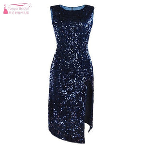 Knee Length Sleeveless Straight Cocktail Dresses Blue Burgundy Black Sequined Party Gown Sexy Side Slit Graduation Dress DQG733