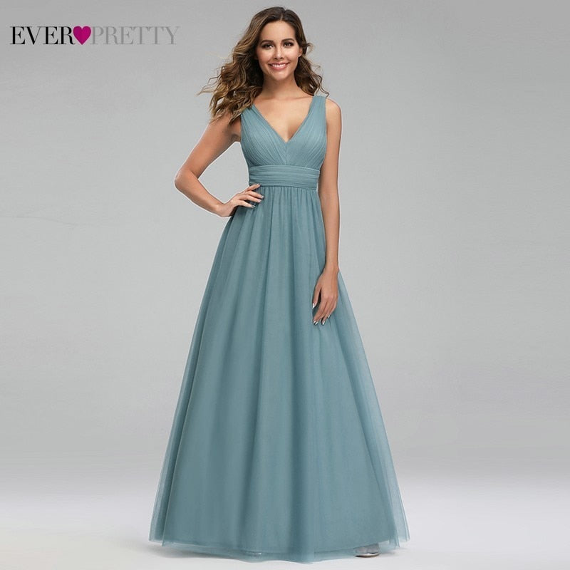 Elegant Dusty Blue Bridesmaid Dresses Ever Pretty EP00925DB A-Line V-Neck Tulle Sexy Wedding Guest Dresses Sukienka Wesele 2019