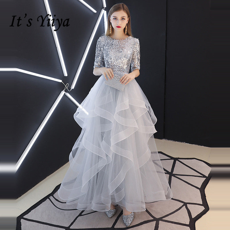 It's YiiYa Evening Dress 2019 Real Sequins Half Sleeve Tiered Hems Evening Gowns Gray Party Dresses LX1398 robe de soiree