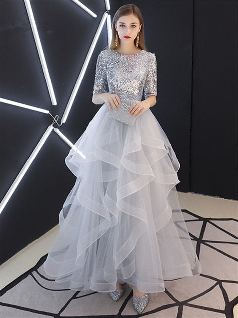 It's YiiYa Evening Dress 2019 Real Sequins Half Sleeve Tiered Hems Evening Gowns Gray Party Dresses LX1398 robe de soiree
