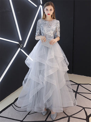 It's YiiYa Evening Dress 2019 Real Sequins Half Sleeve Tiered Hems Evening Gowns Gray Party Dresses LX1398 robe de soiree