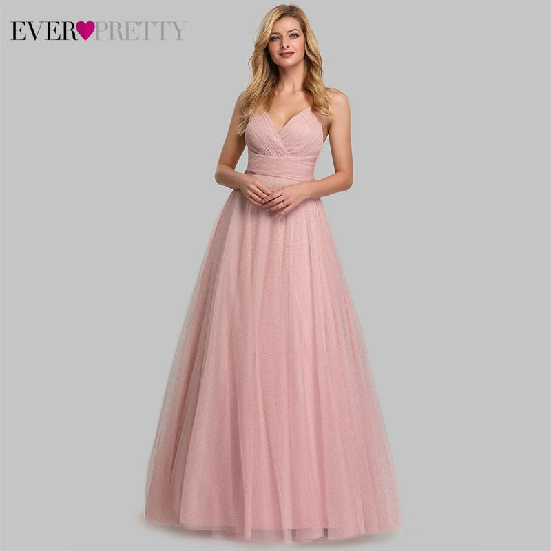 Cute Pink Bridesmaid Dresses For Women Ever Pretty EP07905PK A-Line V-Neck Tulle Sparkle Wedding Guest Dresses Sukienki Weselne