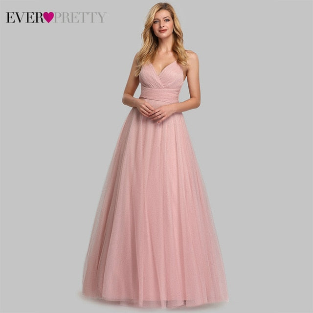 Cute Pink Bridesmaid Dresses For Women Ever Pretty EP07905PK A-Line V-Neck Tulle Sparkle Wedding Guest Dresses Sukienki Weselne