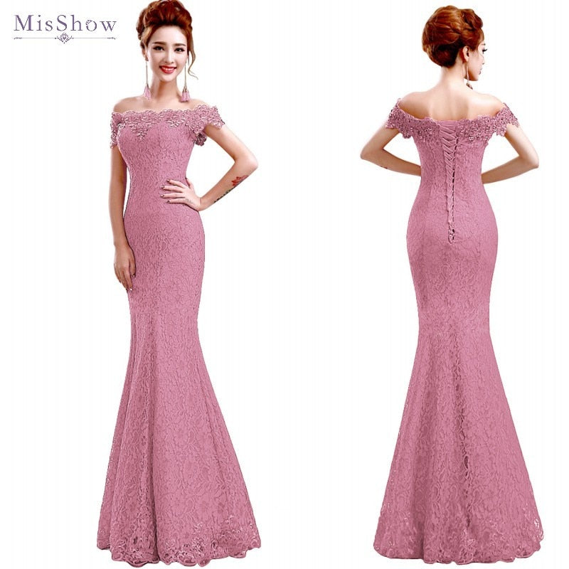2019 Dusty Pink Long Evening Dress Party Women Lace Mermaid Boat Neck Evening Gown Beaded Formal Dresses Robe de Soiree Longue