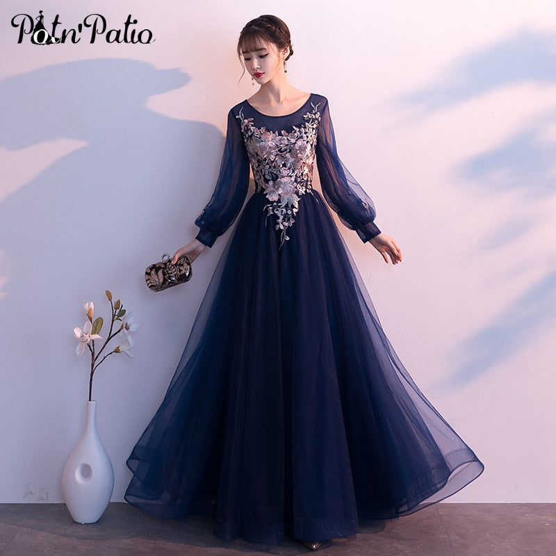 Navy Blue Long Sleeves Evening Gowns Plus Size 2019 New Luxury Appliques Ball Gown Tulle Long Formal Dresses