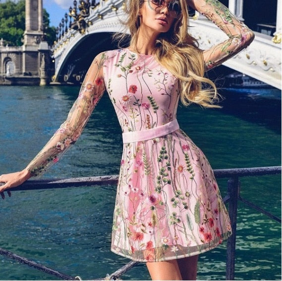 Long Sleeves Navy Blue Pink Embroidery Cocktail Dresses Robe Flowers elegant party 2019 Short Vestidos Homecoming Dress