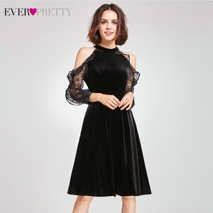 Elegant Velvet Cockatil Dress Ever Pretty Halter A-Line Lace Full Sleeve Above Knee Sexy Evening Party Dress Vestidos De Coctel