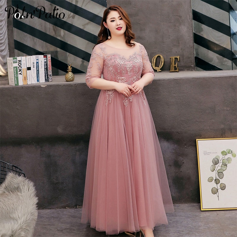 Elegant A-line Floor-Length Pink Bridesmaid Dresses Plus Size 2019 Lace Appliques Tulle Long Wedding Guest Dresses For Women