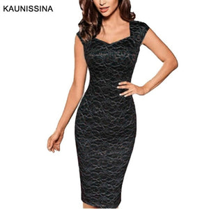 KAUNISSINA Women Elegant Lace Cocktail Dress Sleeveless Slim Sexy V-Neck Bodycon Club Pencil Gown Ladies Party Dresses