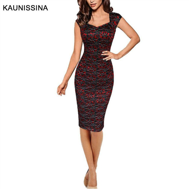 KAUNISSINA Women Elegant Lace Cocktail Dress Sleeveless Slim Sexy V-Neck Bodycon Club Pencil Gown Ladies Party Dresses