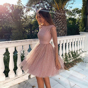 BacklakeGirls Elegant Long Sleeve Cut Out Sequined Cocktail Dress Sukienki Knee-length Prom Dress Vestidos De Fiesta Corto