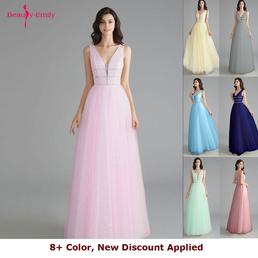 Beauty Emily Elegant Bridesmaid Dresses V Neck Sleeveless Sequins Appliques Party Dress 2019 Long Pink Prom Gowns For Wedding