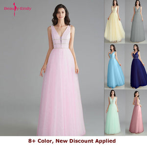 Beauty Emily Elegant Bridesmaid Dresses V Neck Sleeveless Sequins Appliques Party Dress 2019 Long Pink Prom Gowns For Wedding