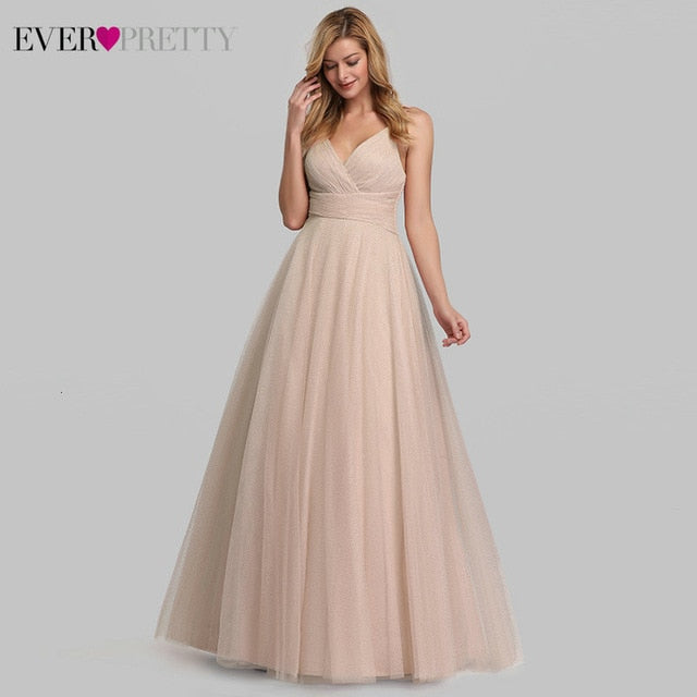 Cute Pink Bridesmaid Dresses For Women Ever Pretty EP07905PK A-Line V-Neck Tulle Sparkle Wedding Guest Dresses Sukienki Weselne