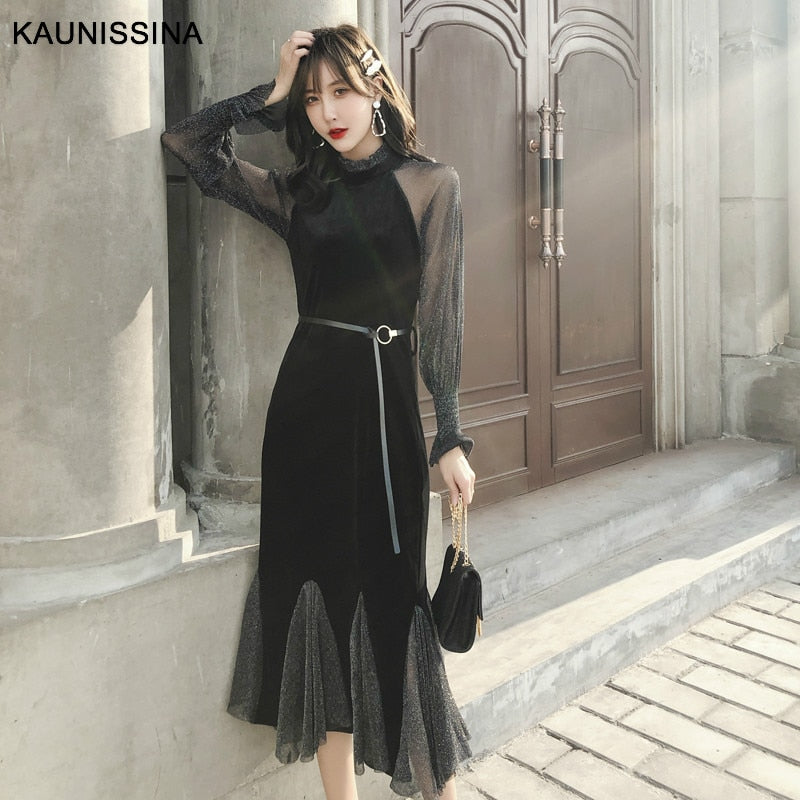 KAUNISSINA Elegant Black Cocktail Dress Party Gowns Long Sleeves Sequin Vevelt Patchwork Prom Mermaid Cocktail Robe Dresses