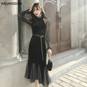 KAUNISSINA Elegant Black Cocktail Dress Party Gowns Long Sleeves Sequin Vevelt Patchwork Prom Mermaid Cocktail Robe Dresses