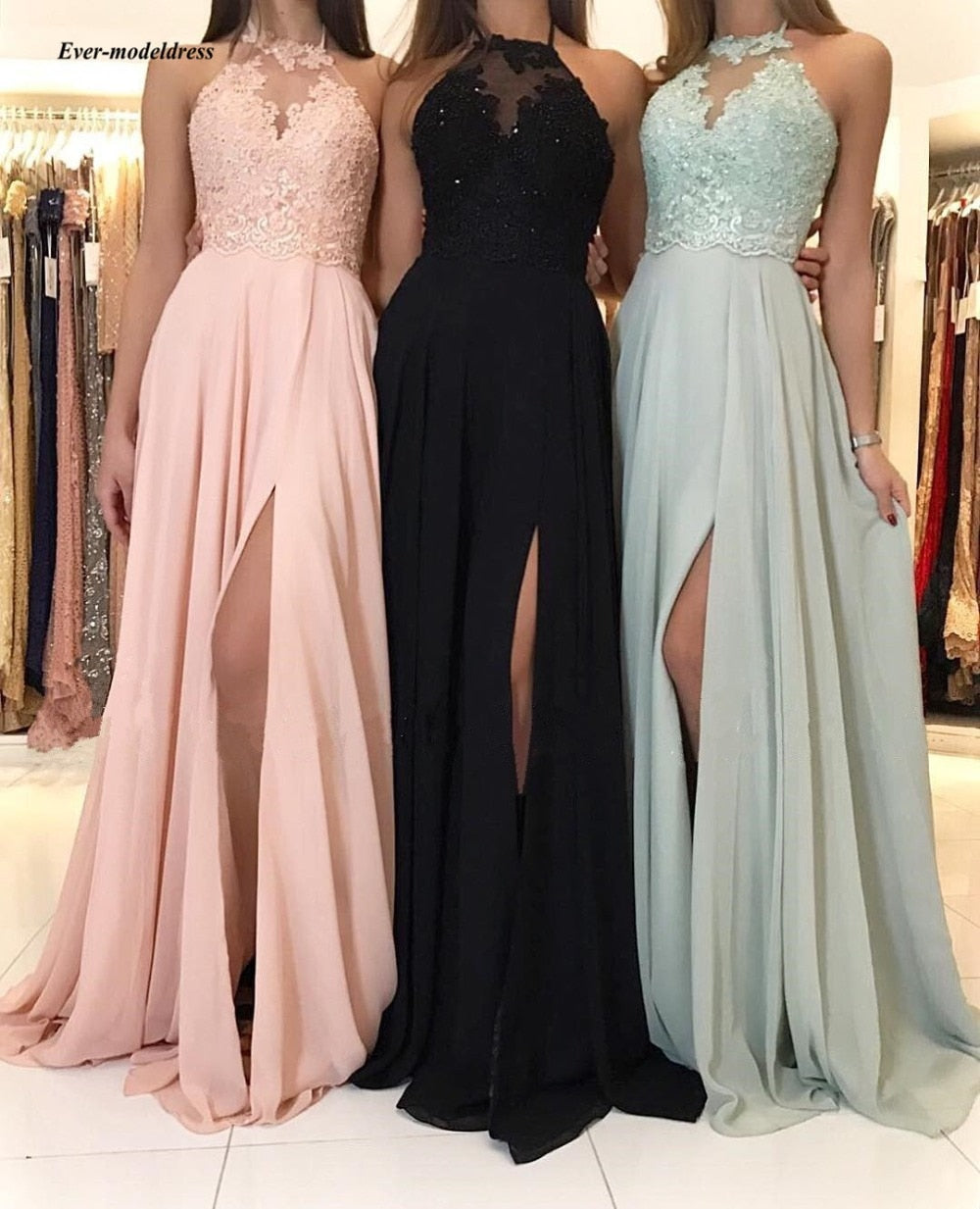 2019 Chiffon Bridesmaid Dresses Long Sexy Side Split Halter Neck Lace Appliques Beaded Simple Wedding Guest Party Gowns Cheap