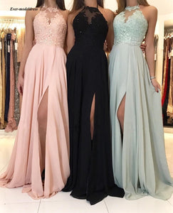 2019 Chiffon Bridesmaid Dresses Long Sexy Side Split Halter Neck Lace Appliques Beaded Simple Wedding Guest Party Gowns Cheap
