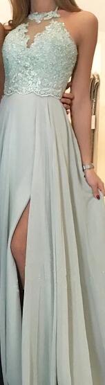 2019 Chiffon Bridesmaid Dresses Long Sexy Side Split Halter Neck Lace Appliques Beaded Simple Wedding Guest Party Gowns Cheap