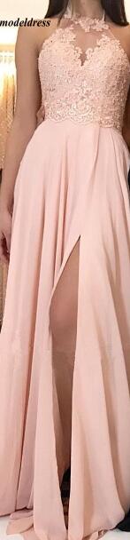 2019 Chiffon Bridesmaid Dresses Long Sexy Side Split Halter Neck Lace Appliques Beaded Simple Wedding Guest Party Gowns Cheap