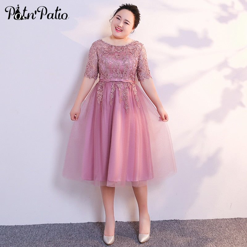 Scoop Neck With Half Sleeves Pink Bridesmaid Dresses Plus Size 2019 A-line Tulle Lace Wedding Party Dresses For Women