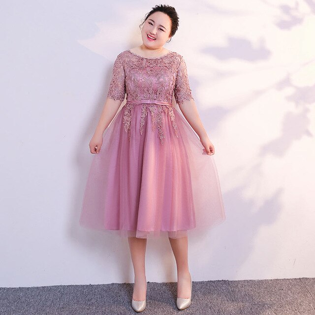 Scoop Neck With Half Sleeves Pink Bridesmaid Dresses Plus Size 2019 A-line Tulle Lace Wedding Party Dresses For Women