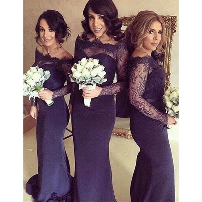 Long Sleeves Lace Top Navy Blue Mermaid Prom Dress Long Wedding Party Dresses Purple Cheap Bridesmaid Dresses vestido madrinha