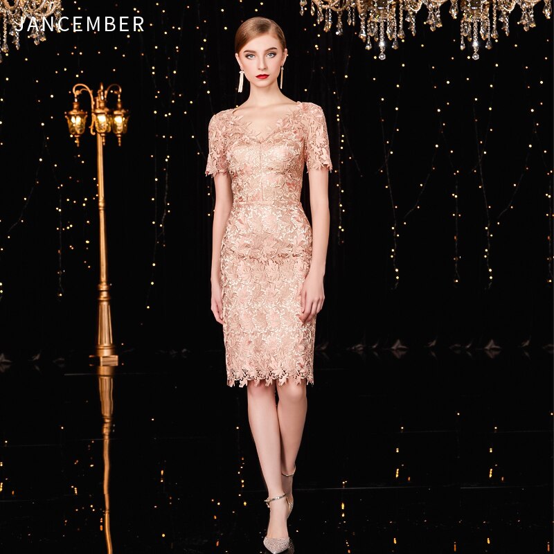 JANCEMBER коктельное платье courte Scalloped Straight Short Sleeve Knee-Length Cut-Out Flowers cocktail dresses evening party