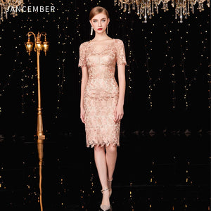 JANCEMBER коктельное платье courte Scalloped Straight Short Sleeve Knee-Length Cut-Out Flowers cocktail dresses evening party