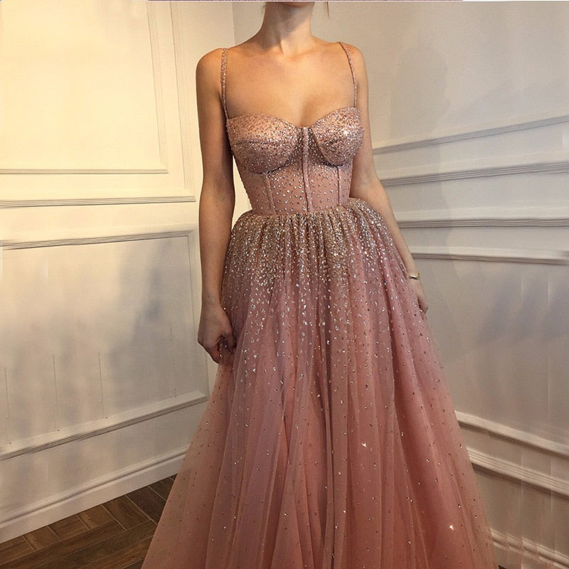 Pink Glitter Sleeveless Beaded Tulle Long Evening Dresses 2019 Thin Spaghetti Strap Sexy Fashion Formal Evening Gown Prom Dress