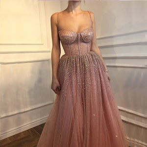 Pink Glitter Sleeveless Beaded Tulle Long Evening Dresses 2019 Thin Spaghetti Strap Sexy Fashion Formal Evening Gown Prom Dress