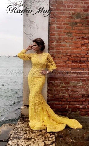 2019 Gold Yellow Lace Long Sleeve Dubai Evening Dress Mermaid 3D Flora Arabic Celebrity Prom Dresses Plus Size Long Formal Gowns