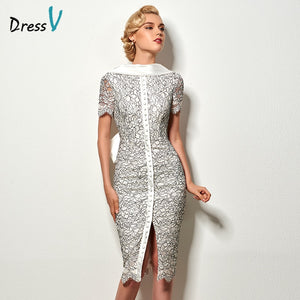 Dressv sexy backless sheath short cocktail dress vintage high neck knee length evening party lace cocktail dress with bowknot