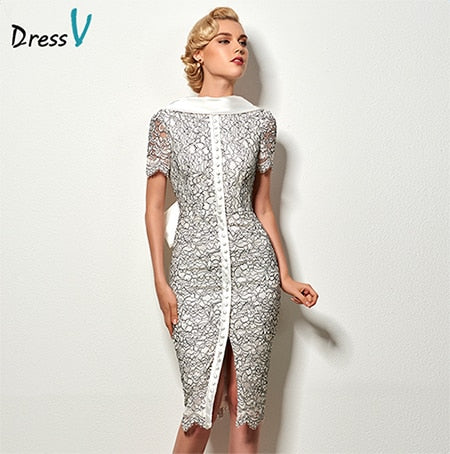 Dressv sexy backless sheath short cocktail dress vintage high neck knee length evening party lace cocktail dress with bowknot