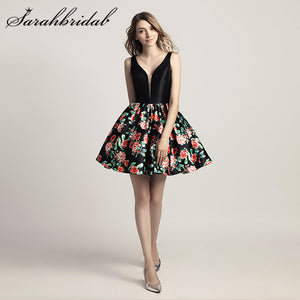 Cheap Short Cocktail Dresses Black Sexy Backless Fashion Prom Party Gowns Vintage Floral Print Real Photos LX434