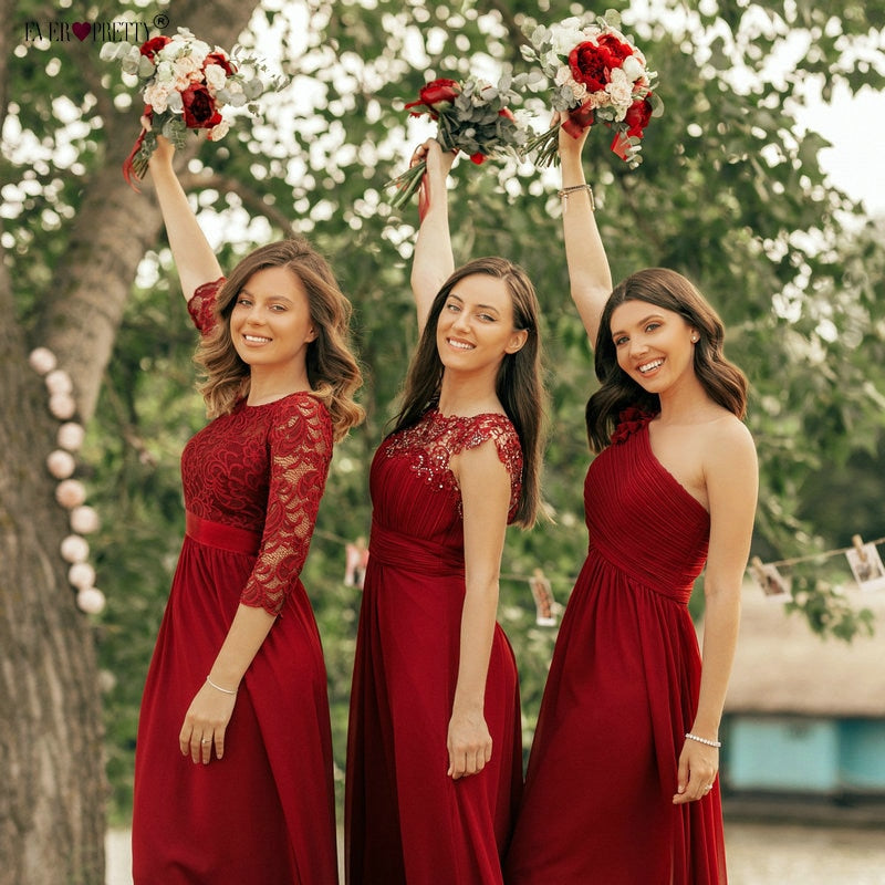 Ever Pretty Burgundy Bridesmaid Dresses Long Chiffon Applique Cheap Floor Length Wedding Bridesmaid Gown Formal Party Gowns