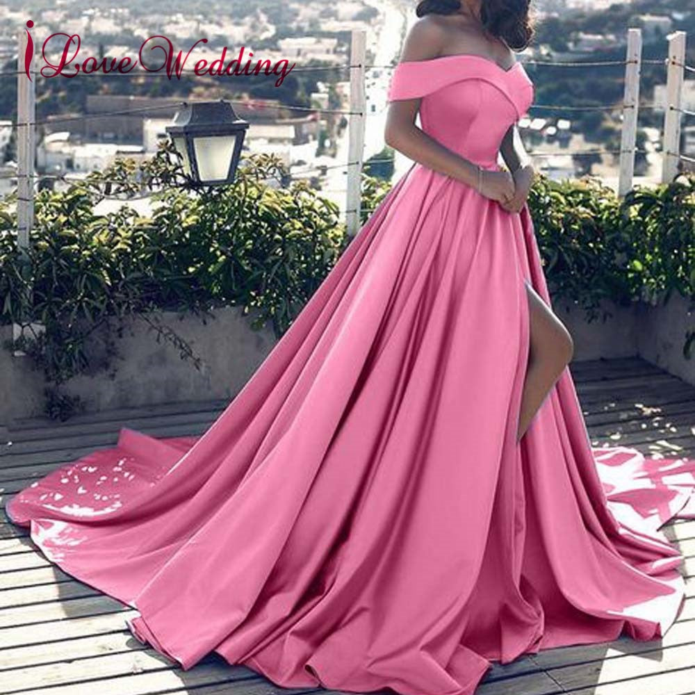 Hot Sale 2019 Pink Evening Dresses Sexy V Neck Off the Shoulder Satin A Line Elegant Long Prom Party Gown Vestido de Festa Curto