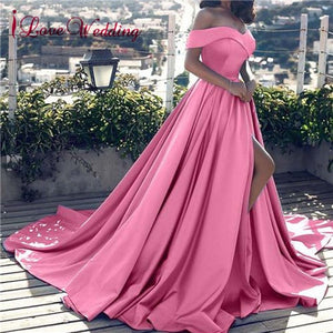 Hot Sale 2019 Pink Evening Dresses Sexy V Neck Off the Shoulder Satin A Line Elegant Long Prom Party Gown Vestido de Festa Curto