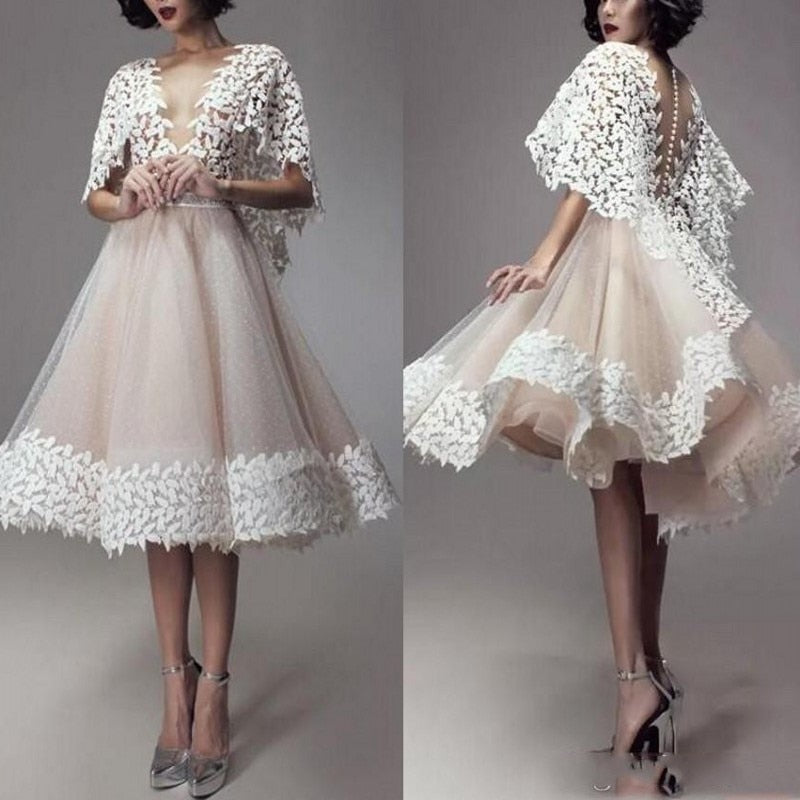 vestidos de coctel Puffy A Line Cocktail Dresses Appliques vestido coctel Stunning Cocktail Gowns for Women Sleeves V Neck