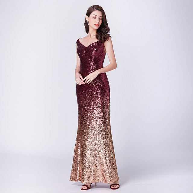 Evening Dress Long Sparkle 2019 New V-Neck Women Elegant EB29998 Sequin Mermaid Maxi Evening Party Gown Dress abendkleider 2019